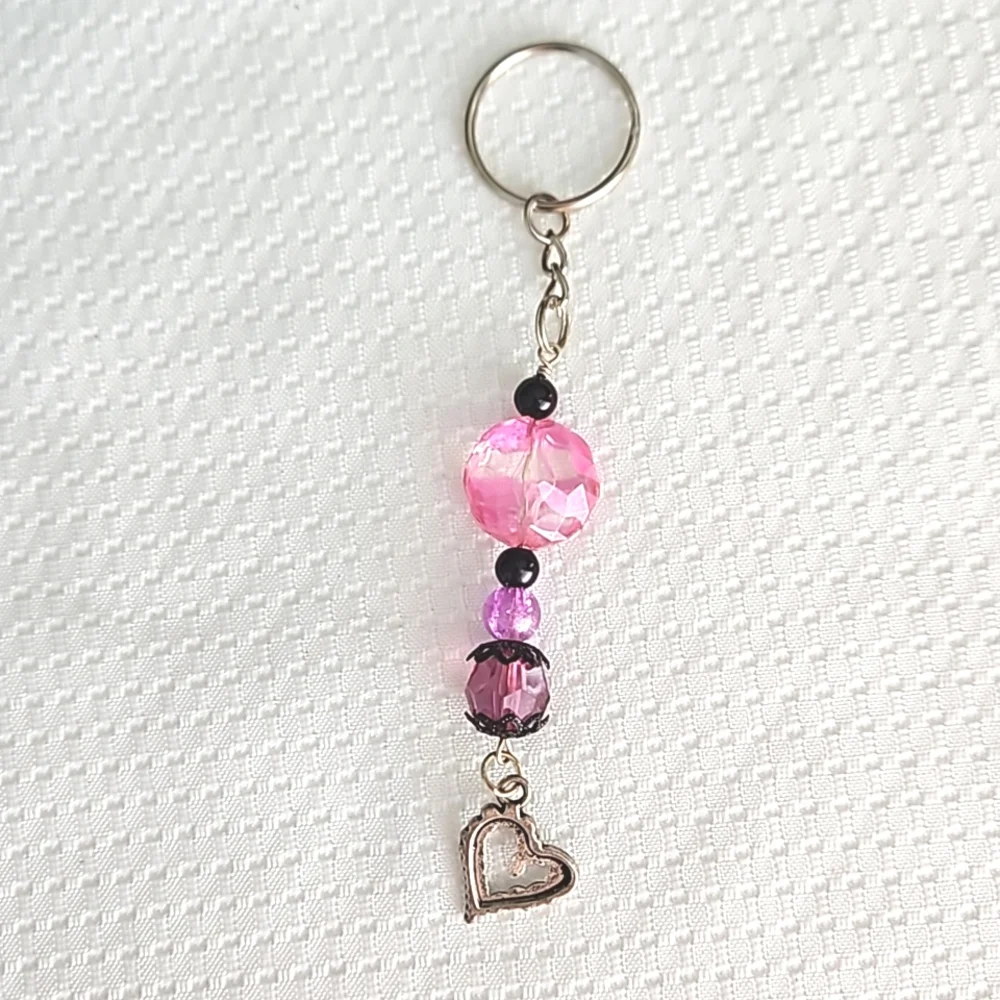 Hand Crafted Sparkling Heart Charm Keychain with Pink and Purple Beads